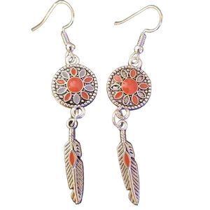 Bohemian Silver Alloy Orange Enameled with Silver Feather Dangle Earrings